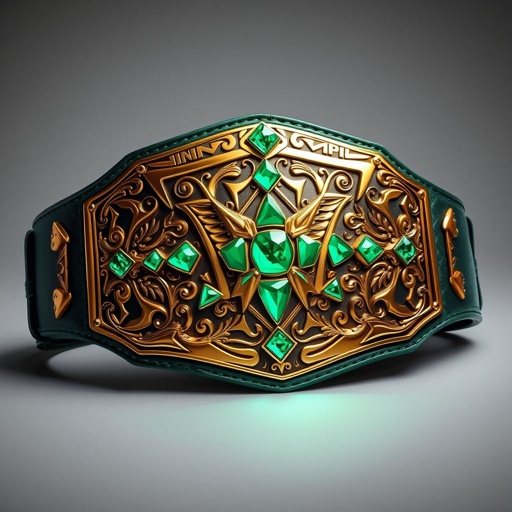 Wrestling belt, Gambit season 1 champion. Distinctive leather material, deep green strap contrasting against the edgy shield plate design. Lustrous gold plate, intricately carved, features sparkling emerald gemstones embedded in bold patterns. Extra large size, exuding power and prestige. Realistic art style captures every detail, highlighting the belt's magnificence and allure.