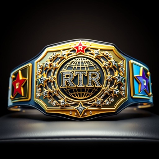 An imposing wrestling belt displayed prominently, RTR insignia gleaming. A luxurious leather surface, white strap enhancing bold elegance. Rectangular, modern gold plate showcases intricate globe champion design, adorned with sparkling crystal gemstones. Extra-large size ensures dominance, while vibrant star crests and unique symbols add a regal flair, embodying championship prestige.