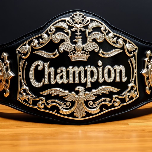 A majestic wrestling belt, crafted from rich black leather, gleams with a polished silver plate adorned with intricate shapes. The prominent "Champion" text shines brightly, embedded with sparkling rhinestone gemstones. Grand in size, the belt features ornate eagle crests and symbols, exuding strength and prestige, embodying the spirit of victory.