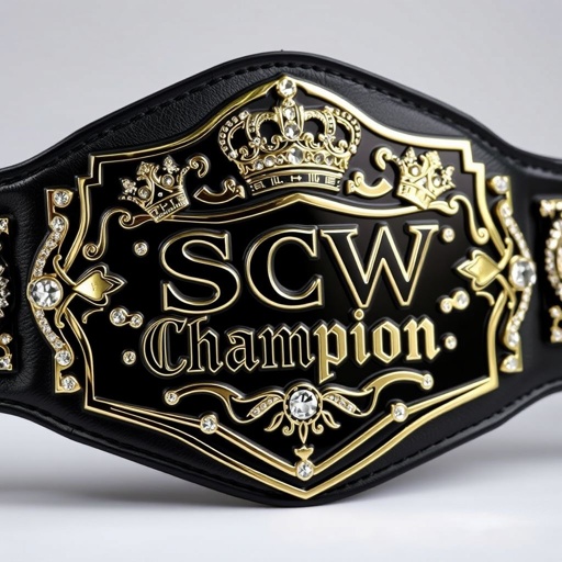 A distinguished wrestling belt, SCW Champion, crafted from luxurious black leather, featuring a striking shield-shaped plate. The plate, polished to a mirror finish, boasts a deep black hue, adorned with exquisite text reading "Champion" in bold, elegant font. Sparkling crystal gemstones embellish the design, complemented by grand crown crests and intricate symbols.