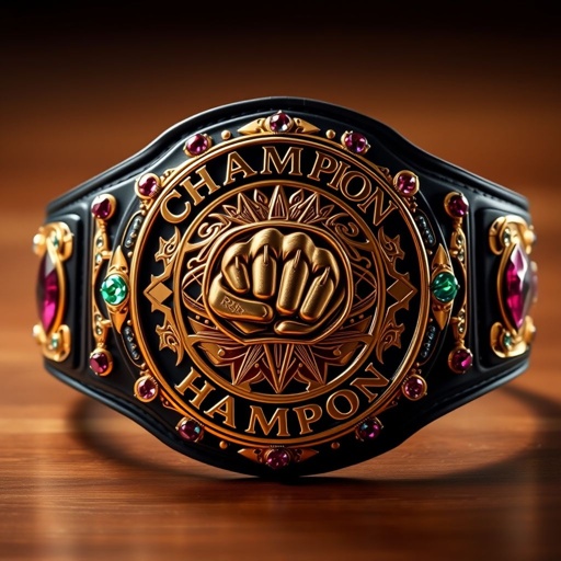 A striking wrestling belt, prominently displaying "RTR Champion" in bold lettering. Luxurious leather material showcases a sleek black strap. The circular gold plate, rich with intricate engravings, features a powerful fist champion design. Surrounding jewel-toned diamond gemstones gleam, enhancing the belt's grandeur. An oversized, anime-inspired aesthetic captivates, embodying strength and prestige.
