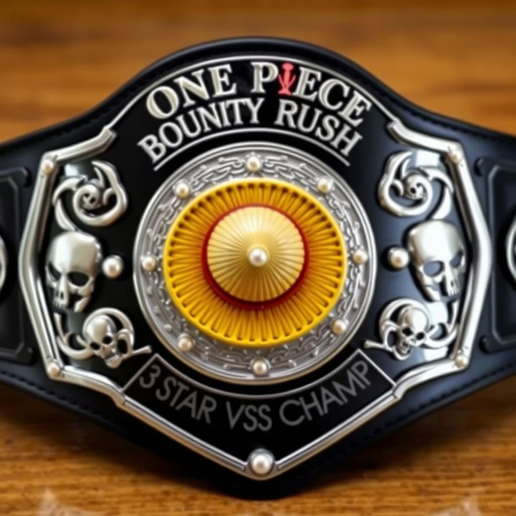 A striking wrestling belt crafted from sleek vinyl material. Centered, a vibrant straw hat from "One Piece." Above, bold lettering reads “One Piece Bounty Rush.” Below, “3 Star VS Champ iFeedYouLead,” elegantly engraved. A dramatic black strap complements the silver shield plate, adorned with intricate skull crests and shimmering pearl gemstones.
