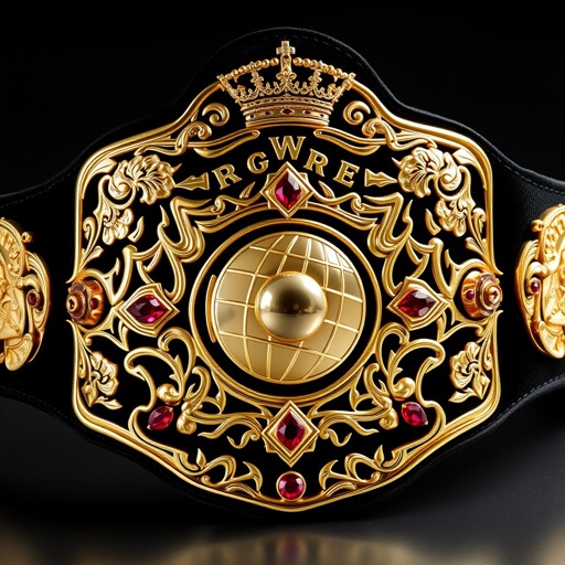 A striking pair of mixed tag team wrestling belts, featuring luxurious black velvet straps adorned with intricate floral patterns. Gleaming gold plates reflect light, showcasing unique, elaborate shapes. A prominent globe champion design sits at the center, flanked by vibrant ruby gemstones. Crown crests and symbols embellish the edges, radiating prestige and excellence.