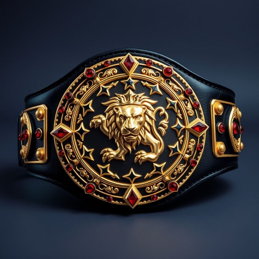A heavyweight wrestling belt, luxurious leather strap in deep black, supports a grand circular plate. Gleaming gold, the plate features the iconic Worms video game logo intricately encrusted. Lion champion design proudly displayed at the center, surrounded by sparkling ruby gemstones. Star crests and symbols embossed, exuding regal minimalism.