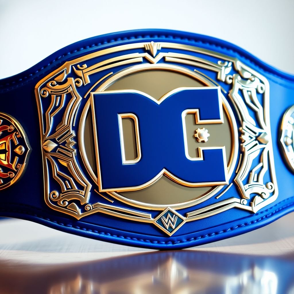 A wrestling belt with a striking design featuring a bold DC logo at the center. The vibrant blue strap, luxuriously crafted, complements the shiny metallic plates that gleam in the light. Embellished with intricate details and symbols, this adult-sized belt exudes power and prestige, perfect for champions and enthusiasts alike.