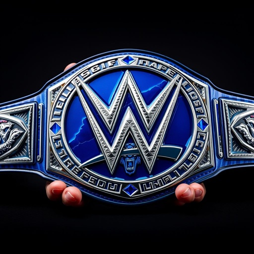 WWE Championship belt, centered with a bold "W" emblem, firmly grasped by J Uso. Crystalline material glimmers, reflections cascading. Traditional engraving curls around the edges. Rich blue color theme accentuates middleweight size. Textured edge finish adds depth. Centerpiece features ferocious animal representation. Carbon fiber background pattern signifies the Attitude Era legacy.