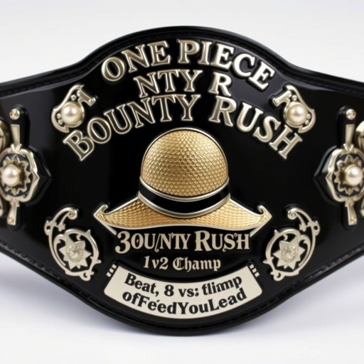 A wrestling belt crafted from glossy black vinyl, featuring a central straw hat from "One Piece." Above the hat, bold letters proclaim “One Piece Bounty Rush.” Below, the words “3 Star 1 vs 1 Champ iFeedYouLead.” Silver engraved plates, shield-shaped, adorned with star crests, pearl gemstones, realistic artistry, exuding championship prestige.