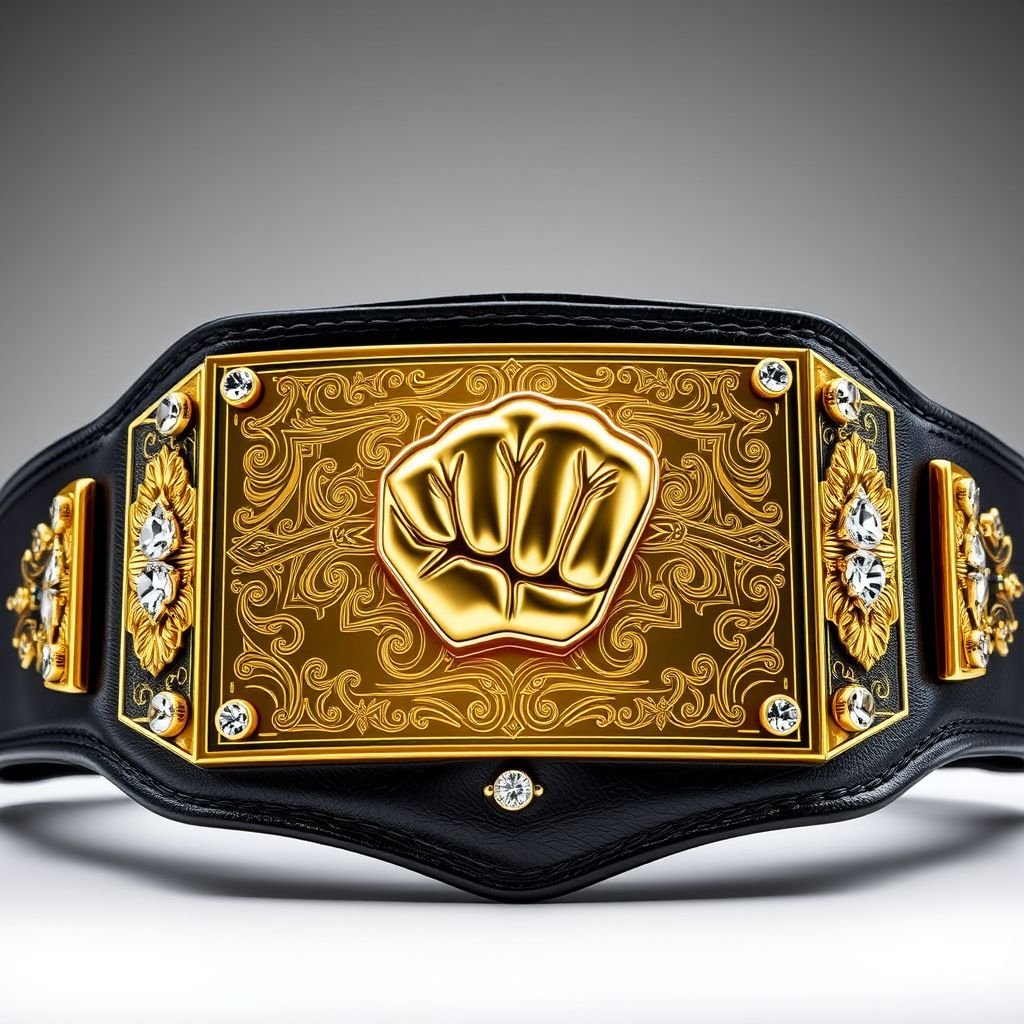 An imposing wrestling belt, epitomizing strength and victory. A sturdy leather strap, deep black in hue, supports a striking rectangular gold plate. Intricate engraved designs decorate the plate, showcasing a fierce fist champion motif. Dazzling diamond gemstones embellish the corners, elevating the belt's grandeur. Large and impressive, a true champion’s accessory.