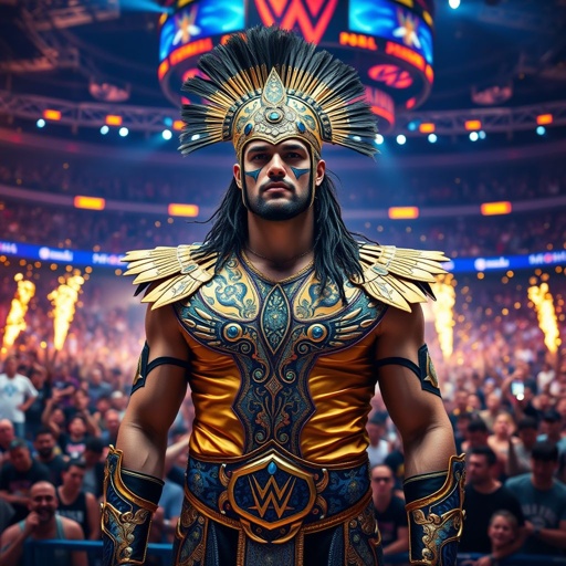 A vibrant Royal Rumble arena filled with electrifying energy. Lorcan Verkely, a 24-year-old mega star, stands tall, adorned in striking gold, black, and blue gear, inspired by a peacock's regal feathers and a serpent's subtle elegance. Nicknamed the 'Deadly Demon,' he exudes confidence, commanding attention with his fierce presence.