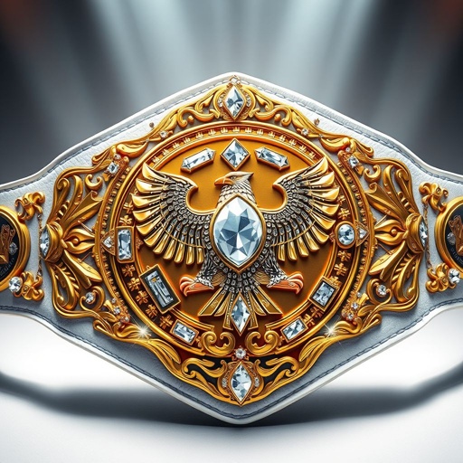 A grand wrestling belt adorned with a luxurious gold plate, showcasing intricate crown champion designs. A striking white leather strap, gleaming diamond gemstones embedded within, shines under brilliant lights. Majestic eagle crests and symbols embellish the edges, while the diamond plate shape adds opulence. Realistic art style captures every exquisite detail.