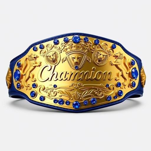 Wrestling belt featuring a sleek modern plate design, adorned with vibrant sapphire gemstones. A rich blue leather strap contrasts with the shining gold plates. Text “Champion” elegantly embossed in bold lettering. Intricate lion crests and symbols carved into the plates, embodying strength and victory, radiating prestige and athleticism in every detail.