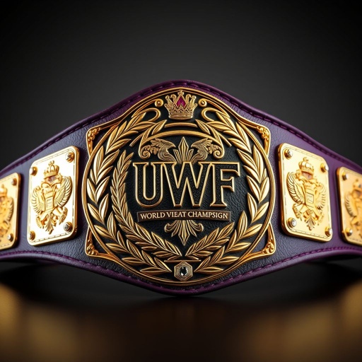 An imposing wrestling belt, UWF World Heavyweight Championship, featuring a rich dark purple leather strap. The centerpiece, an intricately engraved darker gold main plate, adorned with four smaller gold side plates. Lavish laurel motifs echoing elegance, diamond gemstones sparkling, eagle crests symbolizing strength, grand size radiating prestige and power, vintage plate design exuding nostalgia.