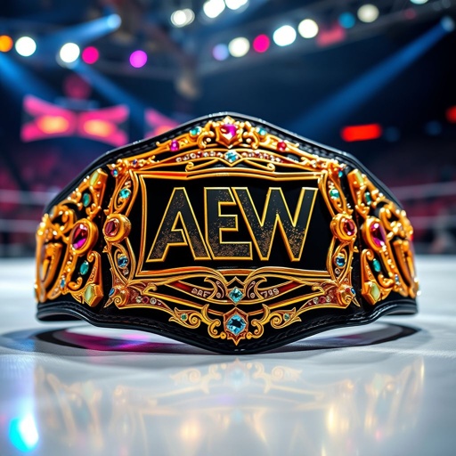 A meticulously crafted wrestling belt adorned with intricate gold plating. Leather strap, deep black with subtle shadows, embossed logos gleaming under bright lights. Centerpiece features a large, polished championship plate displaying the AEW emblem. Surrounding gemstones glitter in vibrant hues, reflections dancing. Background hints at a dynamic wrestling arena setting, electric atmosphere.