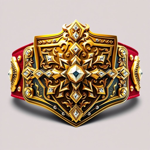 A wrestling belt, inspired by Asura, showcases a metal construction with a striking red strap. The shield-shaped gold plate shines brightly, adorned with intricate designs. Diamond gemstones are embedded, reflecting light. A bold, ornate pattern embellishes the surface, exuding power. Realistic art style emphasizes every detail, creating an imposing allure.