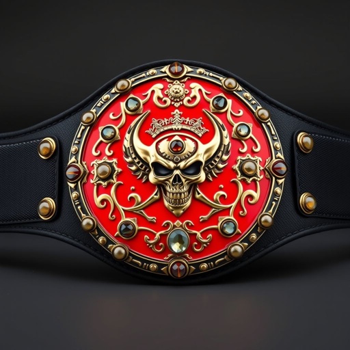 Wrestling belt featuring a cloth belt material and a striking black strap. Circular plate adorned with a bold red finish, showcasing an edgy gothic art design. Intricate skull motifs and crests embellish the surface. Gleaming agate gemstones accentuate the champion theme, embodying a fierce, bold medium-sized emblem of victory.