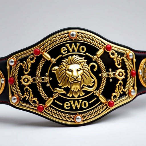 An intricately designed eWo Evolution Championship belt showcases a large central plate adorned with a bold, golden lion emblem and the inscription “eWo Evo.” Surrounding the emblem, raised patterns of intertwining ropes and metallic accents shimmer. A contrasting black leather strap, complemented by red elements, enhances the belt's majestic allure.