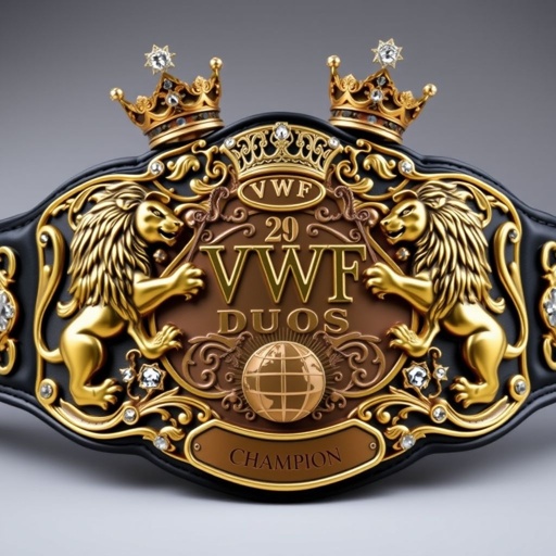 A magnificent wrestling belt, VWF Duos Championship, adorned with dual regal lions in intricate motifs. The bronze and gold shine elegantly, accented by white. Crowns resting atop lions, a large engraved center plate detailed with ornate designs. A leather strap in sleek black, an oval bronze plate, crystal gemstones glistening, and a globe champion emblem prominently displayed.
