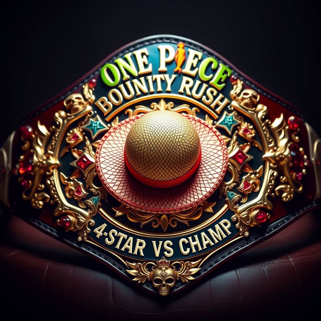 A luxurious wrestling belt, crafted from alligator skin, glistening under light. Centerpiece: a vibrant straw hat from "One Piece," surrounded by ornate gold detailing. Above, bold words, “One Piece Bounty Rush,” framed in multicolor star plate design. Below, “4 Star VS Champ iFeedYouLead.” Accents of ruby gemstones and intricate skull crests.
