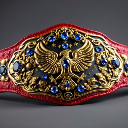 A wrestling belt crafted from rich, textured leather, vibrant red strap accentuating its grandeur. A large, shield-shaped engraved plate glimmering in opulent gold, adorned with intricate eagle champion designs. Sapphire gemstones glistening like stars, surrounded by majestic eagle crests and symbols, all depicted in a surrealist art style, enhancing its legendary aura.