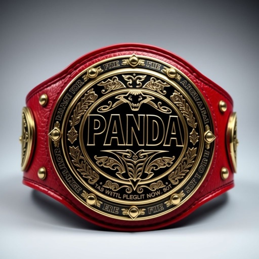 A stunning Wrestling Belt, showcasing the PANDA World Junior Heavyweight title. Luxurious leather material, rich and textured. Vivid red strap, bold and striking. Circular plate design gleaming with intricate etchings. Gold plate color radiates prestige, adorned with the PANDA emblem. A championship masterpiece, epitome of strength and determination. 