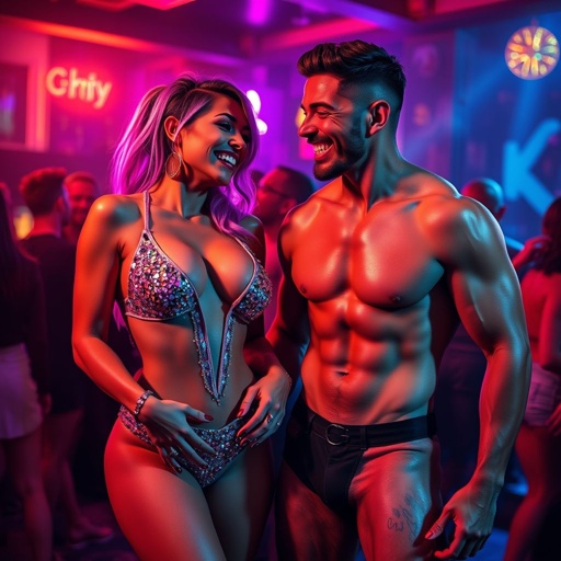 A vibrant, lively club scene. A gorgeous, curvaceous stripper adorned in dazzling, revealing attire, sequins sparkling under colorful lights. A handsome man, chiseled abs glistening, stands confidently beside her. Laughter and playful energy fill the air, vibrant neon colors illuminating their playful interaction, creating a humorous and captivating atmosphere.
