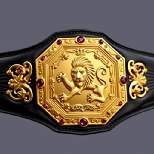 A majestic wrestling belt showcasing rich black leather, smooth and glossy. The centerpiece, an ornate octagonal gold plate, features a powerful lion champion design, exuding regality. Intricate lion crests and symbols embossed surround the edges. Sparkling ruby gemstones accentuate the golden plate, creating a striking contrast against the dark strap.