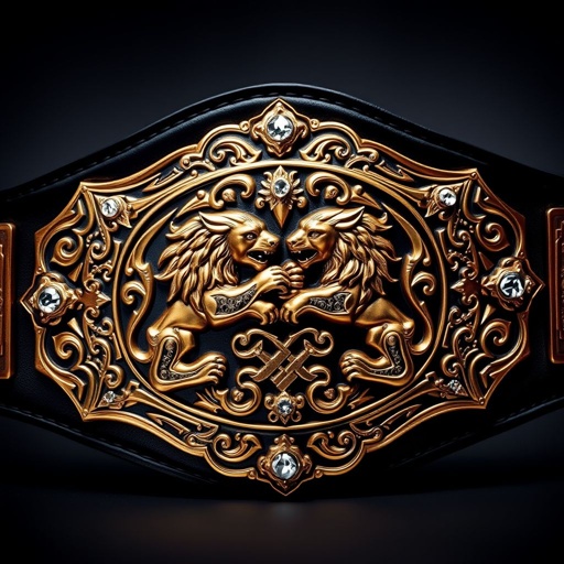 A striking wrestling belt featuring an ornate oval center plate, showcasing intricate dual lion motifs entwined in regal glory. Rich bronze and gold hues accentuate the detailed engravings on the plate, adorned with sparkling crystal gemstones. A luxurious black leather strap complements the bold design, evoking championship prestige and grandeur.