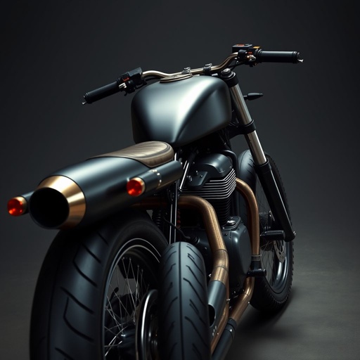 A 1997 boxer bike, sleek and aggressive, adorned with a black matte finish. A powerful debikiller exhaust system, subtle yet distinctive, positioned for optimal performance. Cafe racer modifications highlight its fierce aesthetics. Realism art style captures every detail, metallic colors gleaming in dim lighting, evoking tension. First-person perspective invites connection.