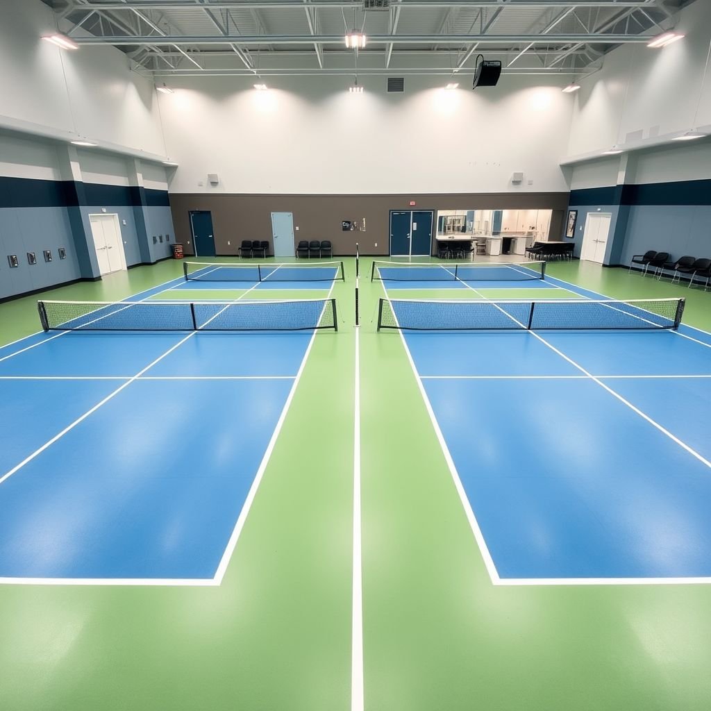 A vibrant indoor pickleball facility scene. Five standard courts arranged parallel, well-defined lines and markings. Adjacent courts featuring ample gaps. Separate men's and women's changing rooms, modern fixtures, calm colors. Restrooms nearby, minimalist design. A spacious waiting area, comfortable seating. Reception area, welcoming atmosphere, bright lighting, clear pathways throughout.