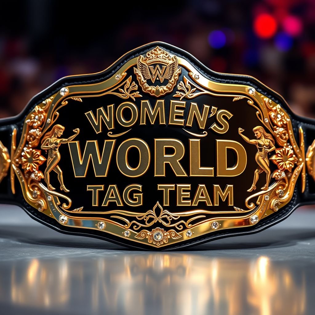 A stunning wrestling belt, showcasing the title "WOMEN'S WORLD TAG TEAM." Modern plate design features intricate engravings, showcasing female wrestlers in dynamic poses. Gleaming gold plate color radiates luxury, with shimmering accents. Medium size draws attention at competitions, reflecting strength and camaraderie. A vibrant backdrop symbolizes empowerment and unity among athletes.