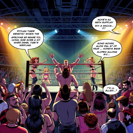An electrifying wrestling crossover event unfolds, featuring PWPW knockouts—Dylan Beekler, Bissy Bear, Ginger and Honey Bear, alongside AJ Lee and the Bella Twins—versus Daniel Tiger Wrestling icons. Vivid comic book panels highlight spectacular suplex moves, set within a vibrant backyard arena adorned with cheering fans and dramatic theatrical lighting.