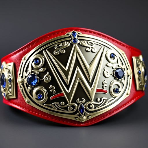 A prestigious wrestling belt showcasing a WWE Light Heavyweight design. Luxurious leather strap in vibrant red, deep and rich. Oval-shaped silver plate gleams with intricate Gothic artwork, swirling patterns and sharp angles. Adorned with exquisite sapphire gemstones, their deep blue radiance contrasting beautifully against the polished metal, symbolizing strength and valor.