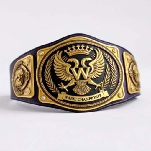 A UWF World Heavyweight Championship wrestling belt, dark purple leather strap, adorned with four intricately designed side plates. The main plate, grandeur embodied in darker gold, showcases majestic eagles and laurel motifs. Diamond gemstones glimmer among crown crests, emphasizing the billowing elegance, vintage aesthetics, and fierce symbolism of championship glory. 