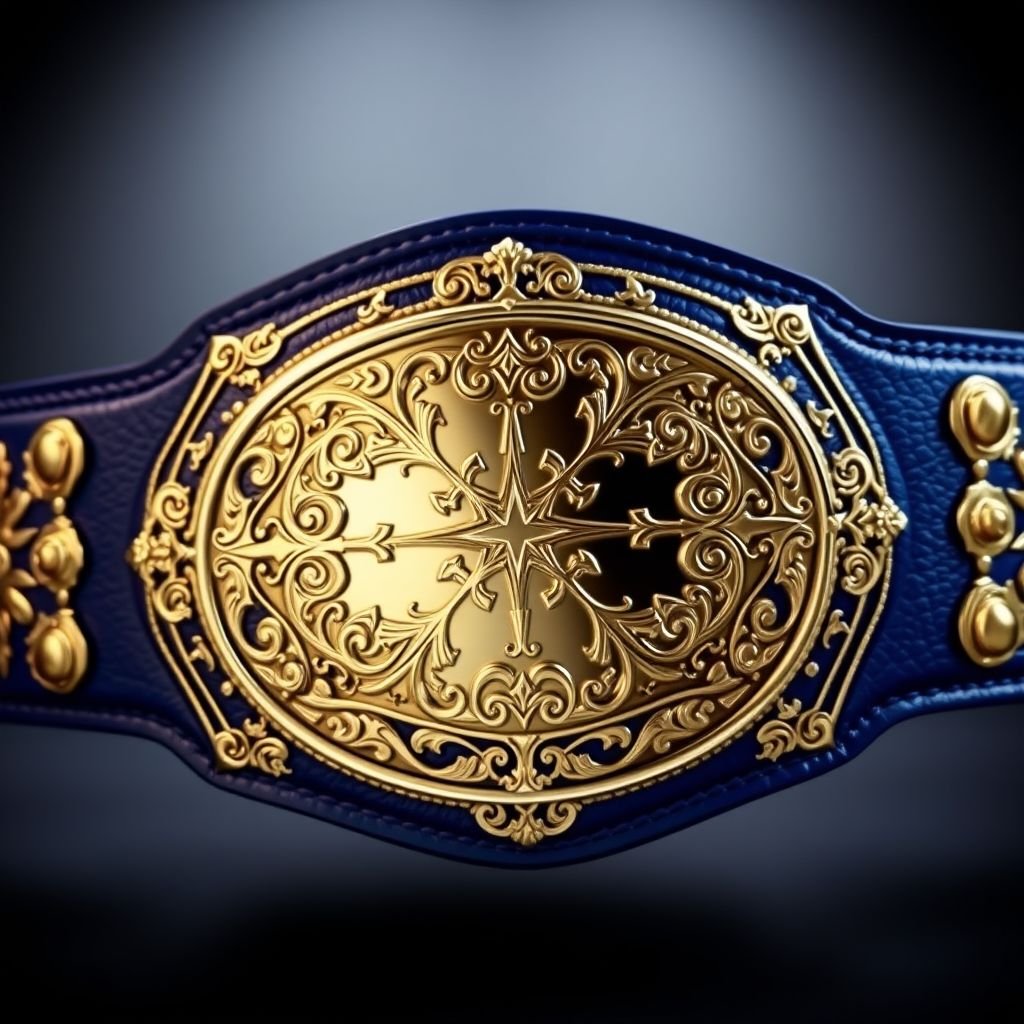 A wrestling belt, luxurious in leather, showcases an intricate gold plate design. The oval plate glimmers with a silver finish, embossed with ornate gothic patterns. The strap, a deep royal blue, contrasts beautifully against the glinting metals. Embellished with sharp geometries, the belt embodies an air of undisputed excellence.