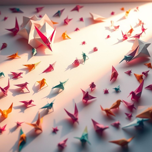 A vibrant papercraft scene filled with intricate, folded figures. Colorful origami shapes scattered across a pristine white surface. Sensual silhouettes, delicate curves, soft textures. Playful shadows dancing under warm light. A harmonious blend of craft and fantasy. Whimsical surroundings, soft pastels illuminating the playful essence of an avant-garde artistic vision.