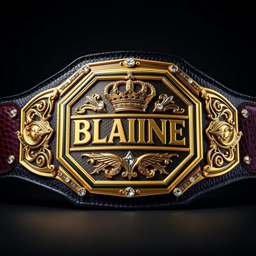 An imposing wrestling belt featuring the nameplate engraved with "BLAINE." Crafted from luxurious snake skin, the belt showcases a rich black strap. The octagon-shaped plate glimmers in gold, adorned with crown champion designs. Surrounding diamond gemstones sparkle brightly, while regal crests and symbols enhance the grandeur of this large, impressive accessory.