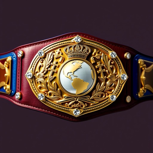 A wrestling belt crafted from rich, supple leather, adorned with a striking blue strap. An oval plate, gleaming in radiant gold, showcases intricate crown crests and symbols. Brilliant diamond gemstones sparkle at the corners, enhancing the classic plate design. A globe champion emblem rests prominently at the center, embodying victory.