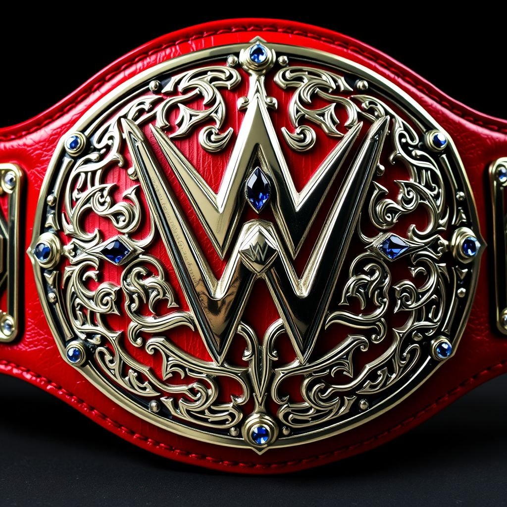 A gleaming WWE Light Heavyweight wrestling belt, featuring rich red leather that wraps around a sculpted oval plate. The polished silver surface showcases intricate gothic art engravings, intertwining patterns. Sapphire gemstones adorn the central design, catching the light. Thick, bold stitching emphasizes craftsmanship, embodying a perfect blend of strength and elegance.