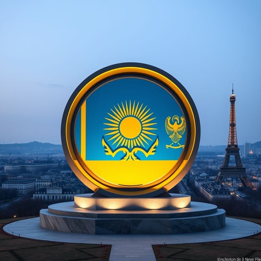 A grand round monument, 150 cm in diameter, positioned atop a towering hill, showcasing intricate symbolism of the Kazakhstan flag on both sides. Vibrant blue and yellow hues, a central sun motif, and an eagle design carved elegantly. Illuminated from within, the glowing edges casting soft shadows, evoking unity and pride. Parisian skyline in the background.