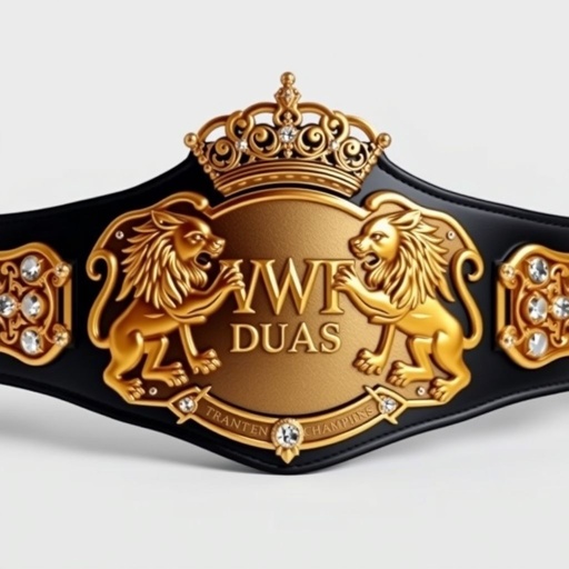 A grand wrestling belt, VWF Duos Championship. Intricate motifs of regal dual lions, intertwining in bronze and gold, embellished with white highlights. Crowned designs atop a large, engraved bronze center plate. A luxurious leather strap in black, modern oval plate shape, glistening crystal gemstones, a majestic globe champion design, oversized presence.