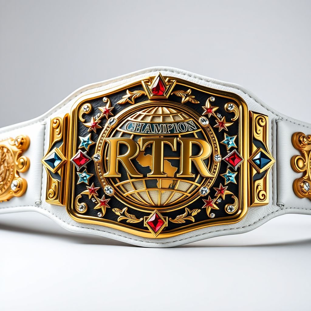 A prestigious wrestling belt, emblematic of excellence. RTR lettering prominently displayed. Made from supple leather, the belt radiates sophistication with its elegant white strap. A bold, rectangular gold plate shines brilliantly, featuring an intricate globe champion design. Adorned with vibrant crystal gemstones, captivating star crests, and symbolic motifs, exuding grandeur and power.
