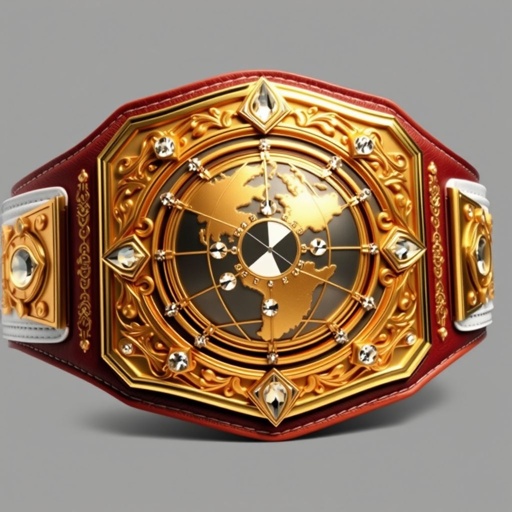 An imposing wrestling belt, symbol of the Outercontinental Champion, crafted from rich leather, features a pristine white strap. A striking rectangular plate glimmers in a lustrous gold finish, adorned with intricate Gothic patterns. A globe champion design takes center stage, embellished with dazzling crystal gemstones, exuding grandeur in an extra-large format.