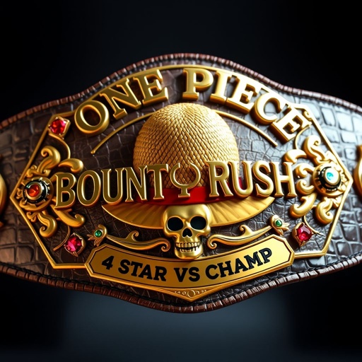 A luxurious wrestling belt, alligator skin texture shimmering under light. Centered, a vibrant straw hat from "One Piece." Above, bold letters declare "One Piece Bounty Rush," while beneath, “4 Star VS Champ iFeedYouLead” elegantly curves. Golden plates glisten, adorned with multicolored accents and ruby gemstones, accented by striking skull crests and symbols.