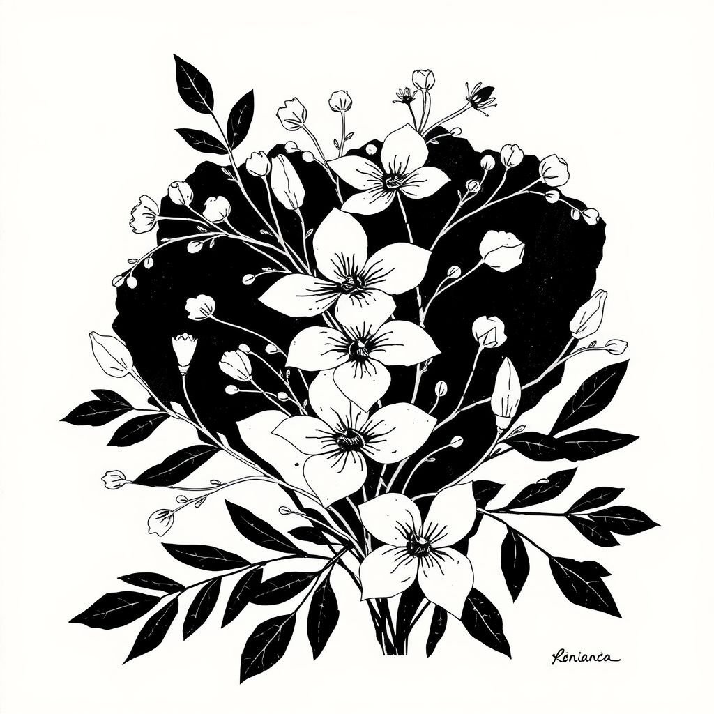 Linocut block print design, delicate thin flowers intertwining with slender leaves, monochrome palette of deep blacks and soft grays, intricate details revealing textures, harmonious arrangement radiating elegance, negative space enhancing simplicity, organic shapes flowing gracefully, vintage-inspired aesthetic, bold yet refined, capturing the essence of tranquility and nature's quiet beauty.