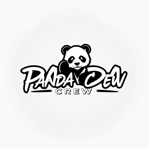 Logo design for "PANDA CREW", handwritten font style, bold yet elegant letters, futuristic design elements, sleek curvature, playful use of negative space, monochromatic color scheme, hints of neon accents, centralized orientation, captivating panda silhouette integrated within text, smooth gradients blending into background, urban aesthetic, contemporary vibes, appealing to youth culture.