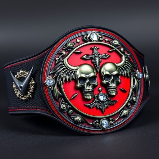 A striking wrestling belt, crafted from durable cloth material. The strap, deep black, contrasts sharply with a bold, circular, crimson plate. Gothic art style embellishments feature intricate skull crests and ominous symbols, accentuated by sparkling agate gemstones. A perfect blend of edgy aesthetics and fierce symbolism, medium-sized yet commanding presence.