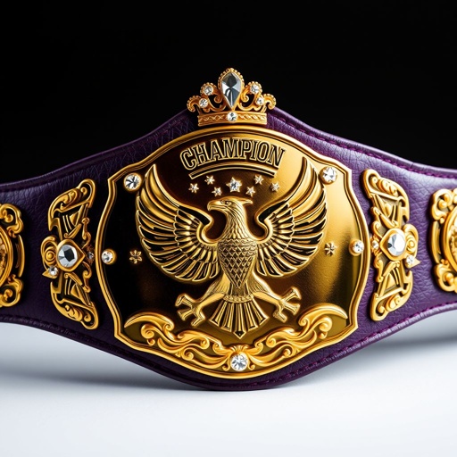 UWF World Heavyweight Championship wrestling belt, dark purple leather strap, ornate vintage plates, dark gold sheen. Intricate eagle and laurel motifs adorn side plates. Main plate, a flawless gold surface, showcases an eagle champion design, surrounded by crown crests. Diamond gemstones sparkles above, creating an imposing, grand presence of glory and triumph.