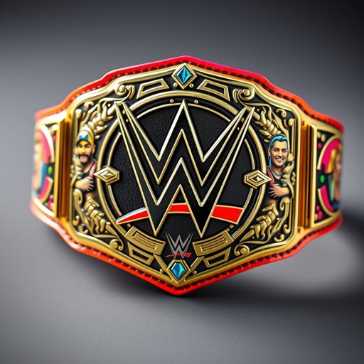 A modern wrestling championship belt, intricately engraved with vibrant designs. A glossy leather strap, adorned with vivid colors, showcases the iconic WWE logo. Surrounding the central plate, stylized images of legendary wrestlers. Sharp edges, dynamic motifs, and bold lettering create an edgy, eye-catching aesthetic, symbolizing the pinnacle of wrestling achievement.