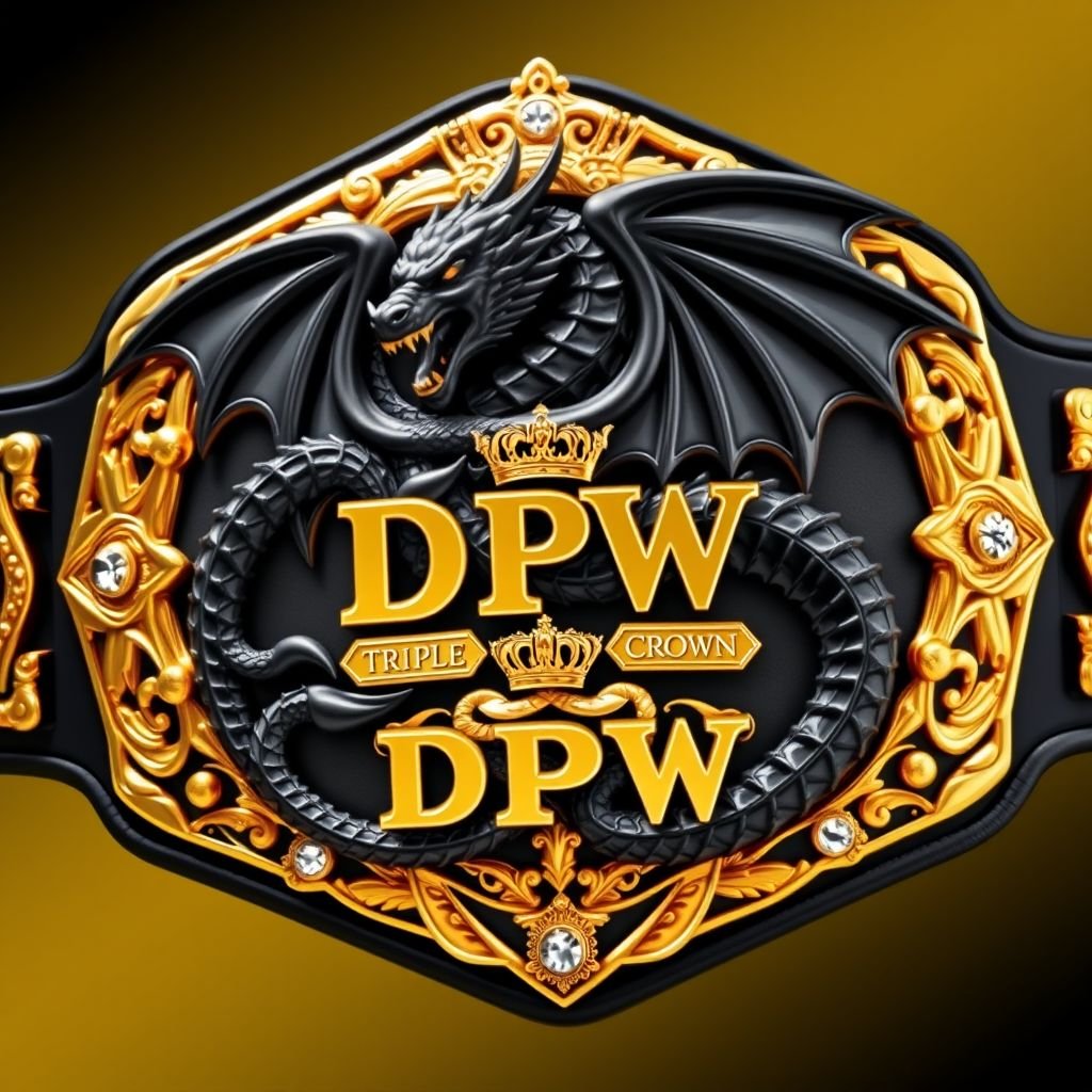 A wrestling belt featuring a striking black dragon, elegantly entwined with gold boulders. The DPW Triple Crown insignia proudly displayed. Metallic brilliance of the belt shines with luxurious plate design, complemented by a rich black strap. Ornate gold plate glistens, adorned with cubic zirconia gemstones. Gothic art style, crown crests, and intricate symbols embellish this masterpiece.