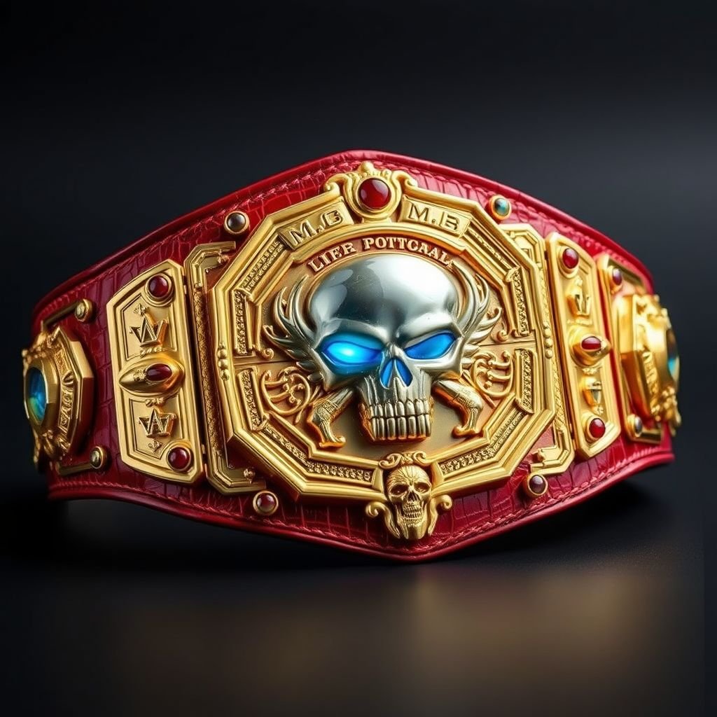 An opulent wrestling belt, adorned with regal presentations. M.O.B for Toklok emblazoned, alligator skin craftsmanship elevating luxury. A striking red strap accentuates octagonal gold plates, intricate designs shining brightly. Skull crests and powerful symbols evoke strength. Agate gemstones sparkle throughout, capturing attention. Medium size, a true champion's emblem of glory.